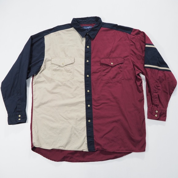 Wrangler Other - Wrangler Western Shirt Mens Extra Large Colorblock Burgundy Tan Blue Snap Front